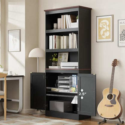 MHOM 71" Tall Bookshelf with Doors, 5 Tiers Farmhouse Bookcase with Adjustable Shelves, Wooden Rustic Display Cabinet for Home Office, Living Room, Black
