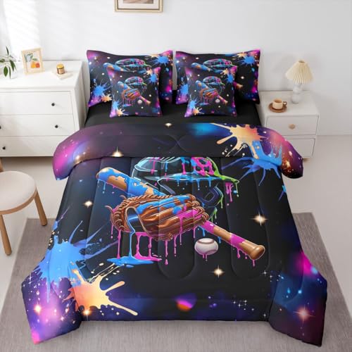 Erosebridal Boys Baseball Full Comforter Set with Sheets 7 piece Cool Watercolor Splatter Ball Bed in A Bag Neon Starry Sports Room Decor Bedding Sets,Baseball Gaming Theme Bed Set - color: Black Blue, size: Full