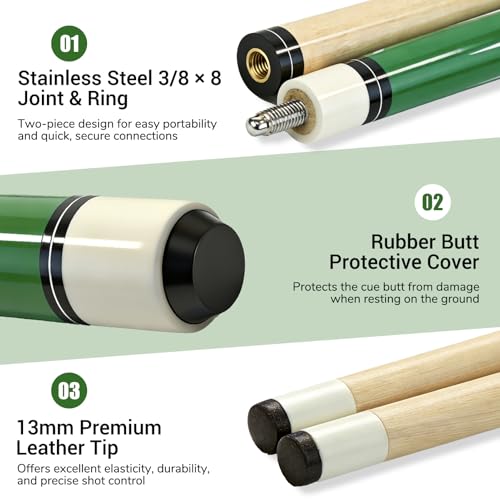 HMQQ 58 Inch Pool Cue Sticks Set, 2/4/6 Pack 20 oz 2-Piece Billiard Cues with 13mm Leather Tips, Matching House Cue Set for Adults, Home Tables, Bars & Group Play - size: Set of 2