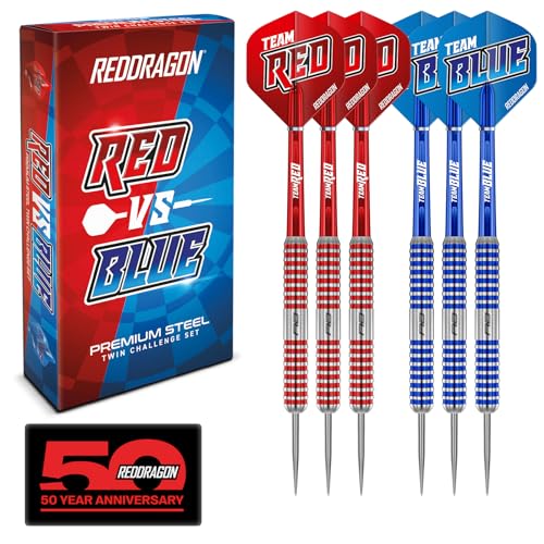 RED DRAGON Peter Wright vs Gerwyn Price Iceman Steel Tip Darts Set - ‎21g & 22g Brass Barrels for Controlled Accuracy & Grip, Flights, Shafts, Case & Checkout Card Included - style: Team Red v Team Blue