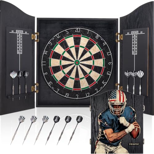 Sisal Dart Board Cabinet Sets, Decorative Dart Boards for Adults [6*Steel Darts] - Wooden Dartboard Cabinet with Integrated Scoreboard for Family Game Rooms - [Football 02]