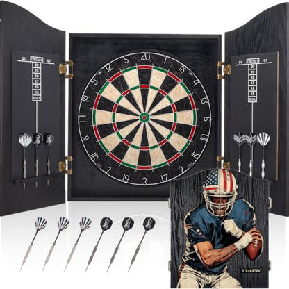 Sisal Dart Board Cabinet Sets, Decorative Dart Boards for Adults [6*Steel Darts] - Wooden Dartboard Cabinet with Integrated Scoreboard for Family Game Rooms - [Football 02]
