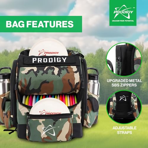 Prodigy Disc BP-1 V3 Disc Golf Backpack | Backpack Storage with 30+ Disc Capacity | Disc Golf Backpack Bag | Tear & Water Resistant | Golf Accessories for Men | Large Golf Disc Bags - color: Green Camo