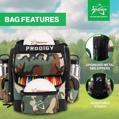 Prodigy Disc BP-1 V3 Disc Golf Backpack | Backpack Storage with 30+ Disc Capacity | Disc Golf Backpack Bag | Tear & Water Resistant | Golf Accessories for Men | Large Golf Disc Bags - color: Green Camo