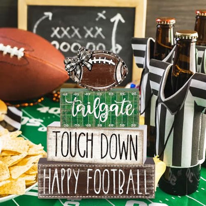 DIYDEC 4Pcs Football Table Decoration Happy Football Wooden Block Sign Fall Rugby Tiered Tray Decor Centerpiece Decorative Faux Book Stack for Holiday Tabletop Coffee Fireplace Shelf Desk Party Decor - style: Football