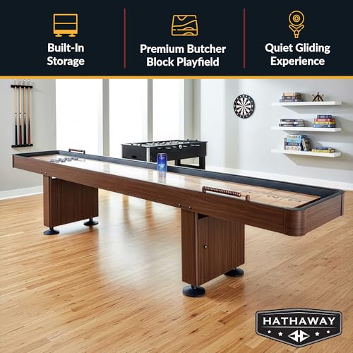 Hathaway Challenger Shuffleboard Table for Family Arcade Game Room - with Poly-Coated Playfield, Built-in Scorer & Cabinet, Climate Adjusters, Leg Levelers, 8 Pucks, Brush & Wax - Walnut Finish - size: 12-foot