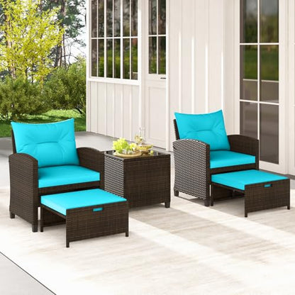 Tangkula 5 Pieces Patio Conversation Set, PE Wicker Outdoor Furniture Set with 2 Chairs, 2 Ottomans & Tempered Glass Coffee Table, Ideal for Poolside, Backyard, Lawn, Deck, Mix Brown & Turquoise - color: Mix Brown & Turquoise
