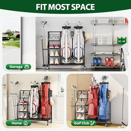 Golf Storage Organizer for Garage, Golf Bag Storage Rack with Lockable Wheels, Heavy Duty Golf Club Organizer with 3-Tier Shelves & Removable Hooks for Golf Accessories, Golf Bag Stand Holder, Black