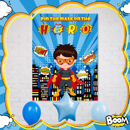 Faccito Hero Party Games Super Theme Hero Games Pin Mask on The Cityscape Poster with 24 Pcs Stickers and Blindfold Pin The Tail Set for Birthday Party Decorations Carnival Favors Supplies - style: Hero