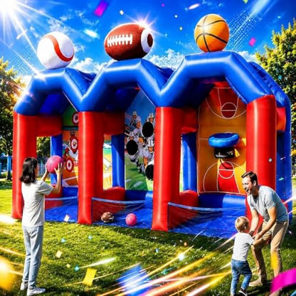 3-in-1 Inflatable Carnival Games with 3 Toss Games, Multi Inflatable Sports Games Combo for Group Team Challenge, Giant Backyard Basketball Football Baseball Throwing Target with 750W Blower