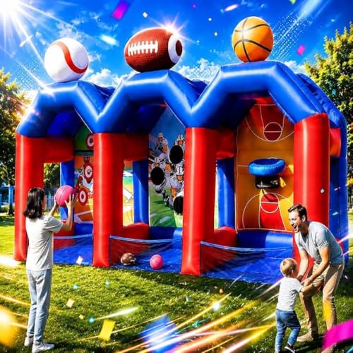 3-in-1 Inflatable Carnival Games with 3 Toss Games, Multi Inflatable Sports Games Combo for Group Team Challenge, Giant Backyard Basketball Football Baseball Throwing Target with 750W Blower
