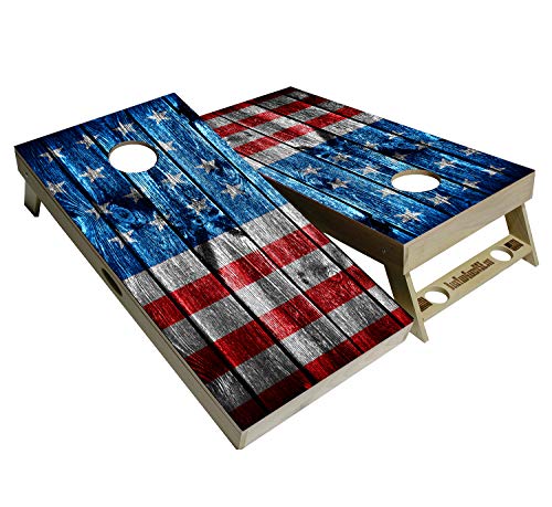 American Flag Series - Premium Cornhole Boards w Cupholders and a Handle - Includes 2 Regulation 4' x 2' Cornhole Boards w Premium Birch Plywood and 8 Cornhole Bags - color: Wooden Pannel Flag