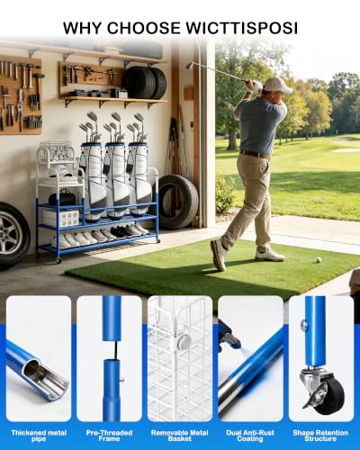 Golf Bag Storage Garage Organizer for 3 Bags, Golf Storage Rack with Wheels | 50% More Space Multi-Zone, All-In-One Compact 5-tier Upscale Sporty Heavy-Duty Rack, 4 360° Casters,Movable Basket,Golf Gifts - size: 3 Golf Bag Rack丨50.4"(L)x15.8(W)"x44.6"(H)
