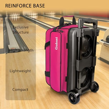Goloni Double Roller 2 Ball Bowling Bag with Separate Shoe Compartment,2 Ball Bowling Bag with Wheels,Retractable Handle Extends to 40" - color: Rose