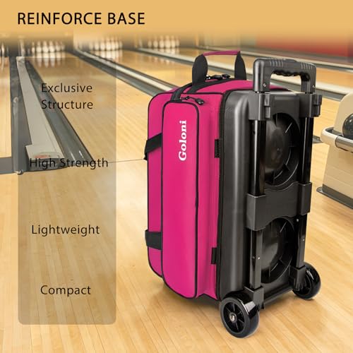 Goloni Double Roller 2 Ball Bowling Bag with Separate Shoe Compartment,2 Ball Bowling Bag with Wheels,Retractable Handle Extends to 40" - color: Rose
