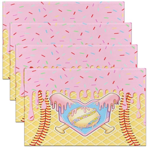 Castle Fairy Ice Cream Drip Baseball Kids Placemats Set of 4,Baseball Bat Ball Sport Competition Table Place Mats,Geometric Stripe Ball Fan Kitchen Decor,Pink Placemat Kitchen Table Decoration 12"x18" - color: Pink