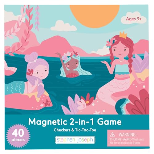 Stephen Joseph, Magnetic Checkers and Tic-Tac-Toe, 40 pc Magnetic 2 in 1 Travel Play Set – Fun Game for Families, Ideal for Ages 3+ – Travel Game for Kids with Travel Tin, Mermaid