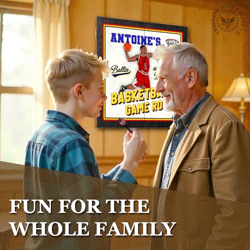 Personalized Dart Board Cabinet Set with 6 Steel Tip Darts, Paper Dartboard, Chalk & Eraser (21.5 x 21.5 x 2.75) - Man Cave Dart Boards for Adults - style: Basketball