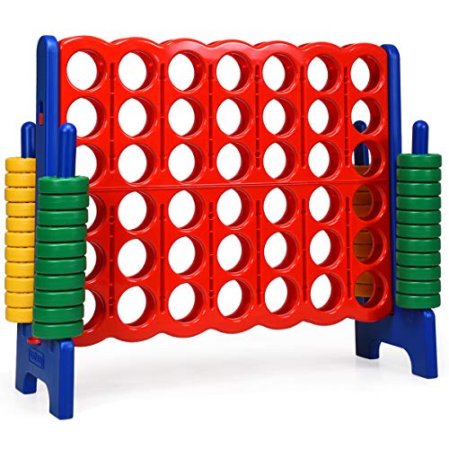 COSTWAY Jumbo 4-to-Score Giant Game Set, 4 in A Row for Kids and Adults | 3.5FT Tall Indoor & Outdoor Game Set with 42 Jumbo Rings & Quick-Release Slider, Perfect for Holiday Party & Family Game - color: Blue