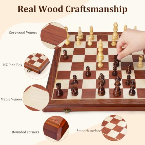 15.4" Magnetic Wooden Chess Set for Adults & Kids, Handcrafted Foldable Chess Board with Individual Storage Slots, 2 Extra Queens, Portable Travel Chess Set, Home & Office Decor, Gift for Chess Lover