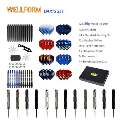 Darts Metal Tip Set,12 Pack 26 Grams Steel Tip Darts Set-Professional Metal Darts for Dartboard, with Non-Slip Iron Barrel, Aluminum Shafts, Extra Flights, Dart Sharpener & Wrench, Gift Box