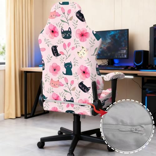 Black Cat Print Gaming Chair Covers Slipcovers with Armrest Covers Flower Print Computer & Gaming Chair Slipcover Universal Fit for Desk/Swivel/Rotating Chairs Protector - color: Pink - Black Cat Flower