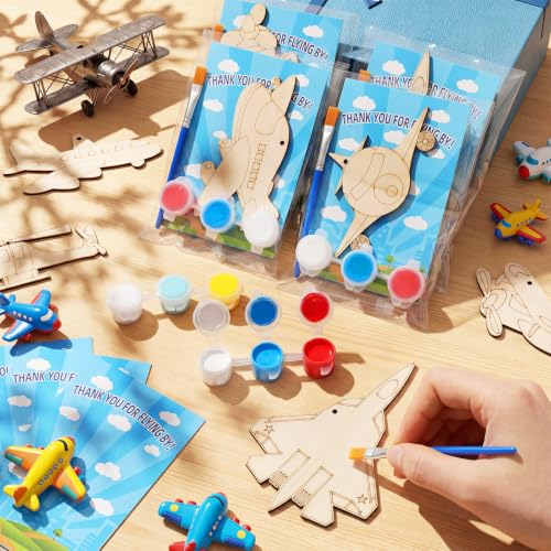 Saypacck 24 Pcs Airplane Party Favors Wooden Painting Craft Kits Birthday Party Supplies with Organza Bag for Goodie Bags Fillers Adult Thank You Gifts - style: Airplane