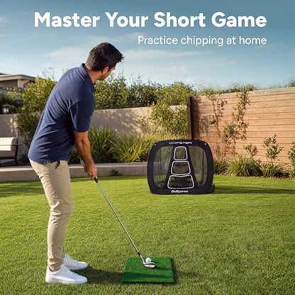 GoSports Chipster PRO Golf Chipping Net - Portable Outdoor & Indoor Golf Practice Target with Hitting Mat and 4 Foam Balls - Best Gifts for Golfers - Black