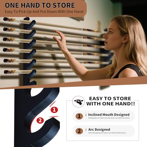 Black Wall-Mounted Pool Stick Holder, Wooden Billiards Pool Cue Rack Holds 7 Cue Sticks and 2 Pool Ball Racks, Pool Table Accessories Organizer for Billiard Rooms or Clubs
