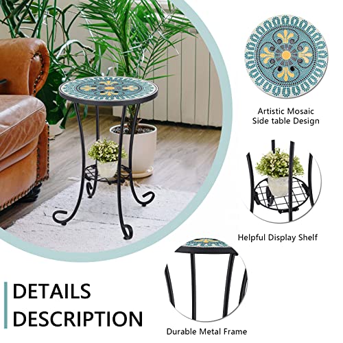 VCUTEKA Outdoor Side Table Mosaic Patio Table Accent Tables Mosaic Tile Top Metal Frame Small End Tables Porch Beach Patio Garden Balcony Green 14'' - color: Green