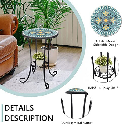 VCUTEKA Outdoor Side Table Mosaic Patio Table Accent Tables Mosaic Tile Top Metal Frame Small End Tables Porch Beach Patio Garden Balcony Green 14'' - color: Green
