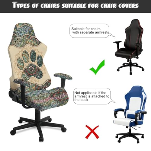 Dog Paw Print Gaming Chair Covers Slipcovers 4Pcs with Armrest Cover Mandala Flower Print Gamer Desk Chair Covers Easy to Install Home Decorations - color: Green and Brown - Dog Paw Mandala Flower