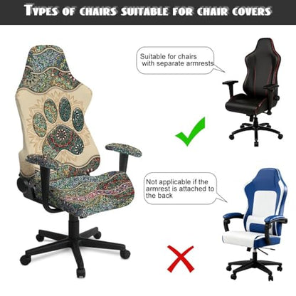 Dog Paw Print Gaming Chair Covers Slipcovers 4Pcs with Armrest Cover Mandala Flower Print Gamer Desk Chair Covers Easy to Install Home Decorations - color: Green and Brown - Dog Paw Mandala Flower