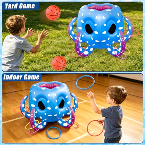 Octopus Pool Toys for Kids Ages 4-8, 2-in-1 Inflatable Float Water Games Toys with Basketball Hoop & Ring Toss, Outdoor Backyard Beach Swim Play, Cool Summer Family Party Supplies Gift Boys Girls - style: Octopus 2 in 1 Games