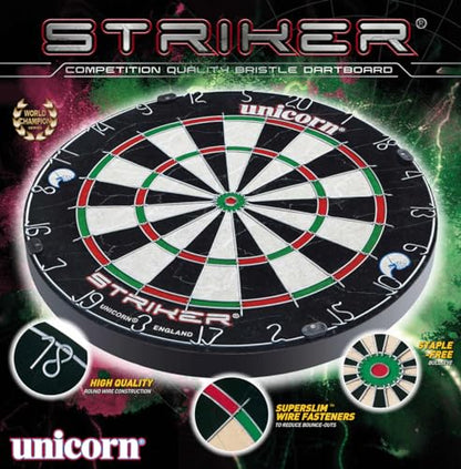 Unicorn Striker, Classic, and Contender Bristle Steel Tip Dartboard Models - Recreational-Quality Bristle Dartboard - Rotatable Metal Number Ring - Slim Wire Fasteners to Reduce Bounce Outs