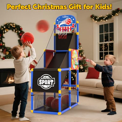 EagleStone 2-in-1 Kids Arcade Basketball Hoop with Dart Board,4 Balls Adjustable Height Basketball Toy Indoor Outdoor Carnival Games Gift for Boys Girls Toddlers Ages 3-6 Years Old,Pump Included - color: Red