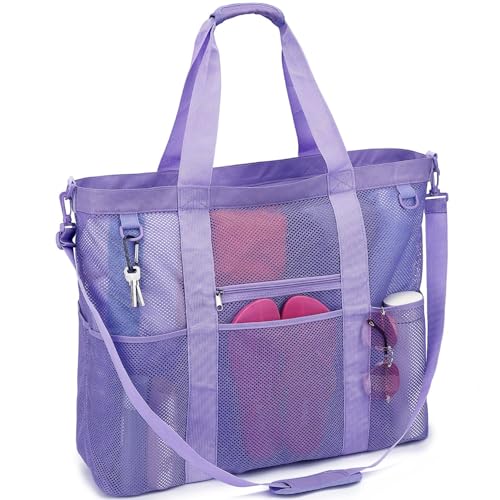 GYEUKHAM Mesh Beach Bag for Women, Sand-Resistant Pool Tote, 9 Pockets (1 Inner Zip), Foldable Family Travel Essentials - color: Extra Large - Purple