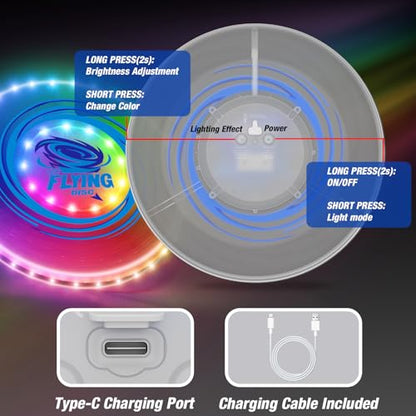 HYES 2 Pack Light up Flying Discs for Kids, Rechargeable Disc with 45 LEDs, 14 Lighting Modes(10")&Built-in Battery Disc(7.8"), Glow in The Dark Ring for Beach/Camping/Outdoor Sport - size: 2PCS: 10in + 7.8in