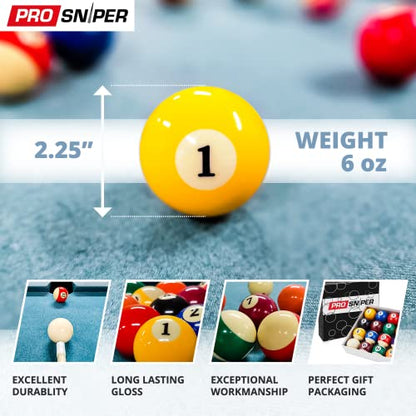 Prosniper Billiard Balls - 16 Premium Pool Ball Set Including 4X Cue Tips and 4X Blue Chalk I 6 oz & 2.25 inches I Pool Table Accessories for Beginners & Professionals I Made of Pure Resin - style: standard