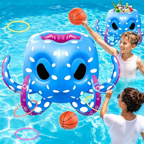 Octopus Pool Toys for Kids Ages 4-8, 2-in-1 Inflatable Float Water Games Toys with Basketball Hoop & Ring Toss, Outdoor Backyard Beach Swim Play, Cool Summer Family Party Supplies Gift Boys Girls - style: Octopus 2 in 1 Games