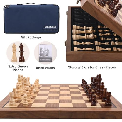 Ajedrez Magnetic Wooden Chess Set, 15" Walnut Folding Chess Board with Handcrafted Pieces 2 Extra Queens, Portable Travel Chess Board Game for Adults Kids, Gift Box & Storage Bag - color: Blue