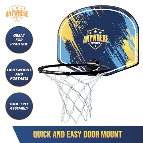 Anywhere Sports Silent Basketball & Hoop Set – Over-The-Door, Quiet Play for Kids, Easy Clip-On Mount, Includes 6-Inch Foam Basketball