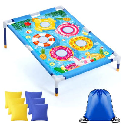 Bean Bag Toss Game for Kids, Summer Outdoor Portable Cornhole Set with Bean Bags, Toddler Indoor Toys, Yard Toss Games for Boys Girls Camping Family Fun Swimming Ring Pattern