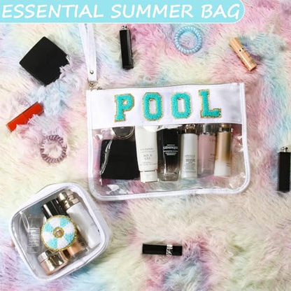 BuyCard 2 Pcs Pool Bag Cosmetic Makeup Bag with Chenille Letter Patch, Clear Pouch PVC Organizer Purse, Waterproof Travel Beach Bag, Portable Toiletry Storage Bag - color: POOL-White
