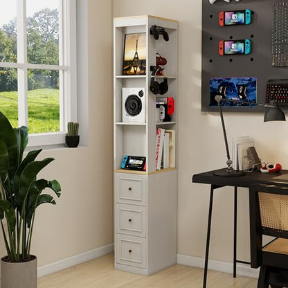 73" Tall Slim Storage Cabinet with 3 Drawers and 2 Hooks, 3-Tier Media Storage Tower for CDs DVDs Game Consoles, Narrow Bookcase Display Shelf for Living Room Bedroom Entryway, Antique White