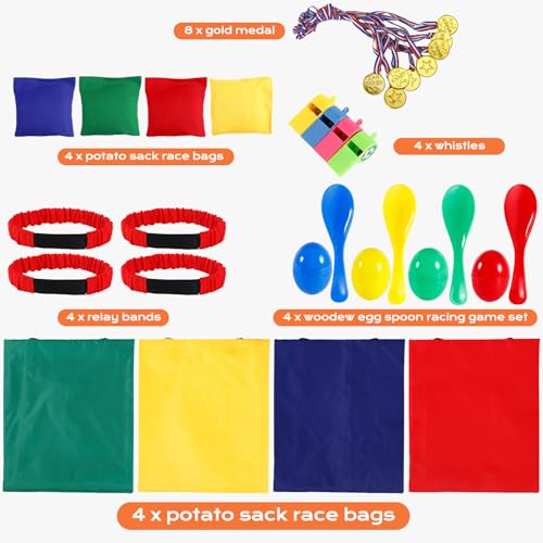 32 Pcs Outdoor Games Potato Sack Race Bags, Egg and Spoon Race Lawn Games, Outdoor Lawn Game for Adults, 3-Legged Race Bands for Outside Backyard Birthday Party Field Day Family