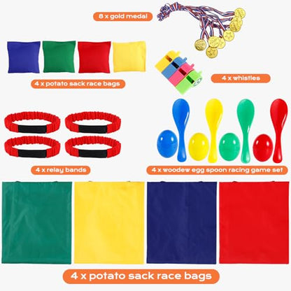 32 Pcs Outdoor Games Potato Sack Race Bags, Egg and Spoon Race Lawn Games, Outdoor Lawn Game for Adults, 3-Legged Race Bands for Outside Backyard Birthday Party Field Day Family