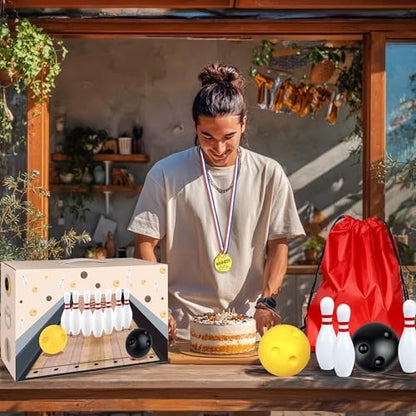 Mini Bowling Set Indoor Outdoor Indoor Bowling Set with Guide Arrow Mat Gold and Silver Medal Backpack Dispensing Suitable for Family Friends Family Party Entertainment