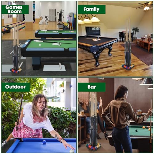 Pool Cue Rack Floor Stand | Wood Billiard Stick Holder & Game Room Organizer | Holds 9 Cues, Full Ball Set & Accessories | Classic Triangle Design for Stability & Style | Easy Assembly