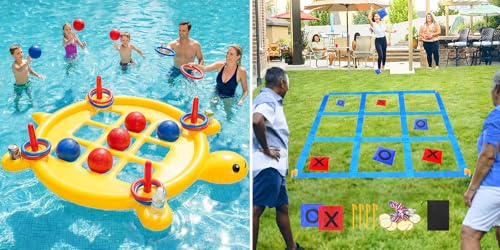 2 in 1 Pool Toys Games Set Inflatable Tic Tac Toe with Cup Holder, Outdoor Giant Tic Tac Toe Bean Bag Toss Games for Kids Adults Family, Ring Toss, Large Yard Carnival Birthday Party Field Day Game
